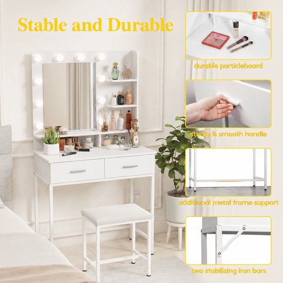 Norcho Vanity Desk Set with Mirror and Lights, Makeup Dressing Table with 2 Drawers & Chair, 3 Lighting Modes Adjustable Brightness, Wooden Top & Iron Frame for Bedroom, White