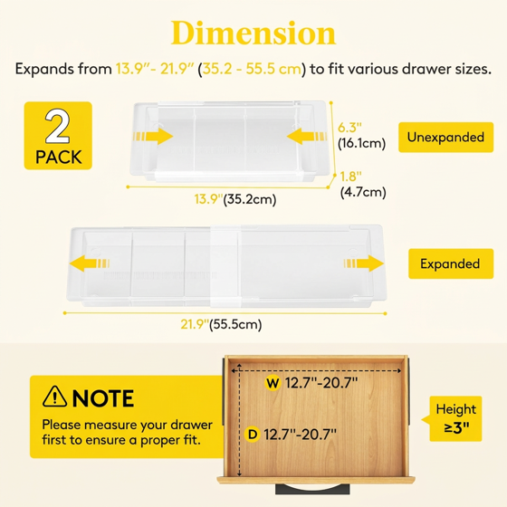 Norcho Sliding Makeup Drawer Organizer, Fits 13-20" Deep, Extendable Hanging Divider 1.8" High Tray Vanity Office Kitchen Translucent 2Pcs