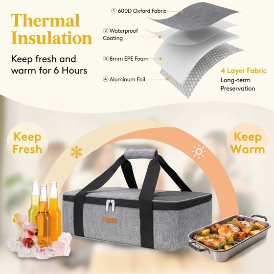 Norcho Insulated Casserole Carrier Keeps Food Hot Cold, Thermal Tote Fits 9x13" Baking Dish, Grey