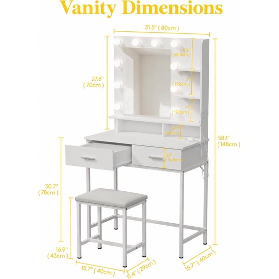 Norcho Vanity Desk Set with Mirror and Lights, Makeup Dressing Table with 2 Drawers & Chair, 3 Lighting Modes Adjustable Brightness, Wooden Top & Iron Frame for Bedroom, White