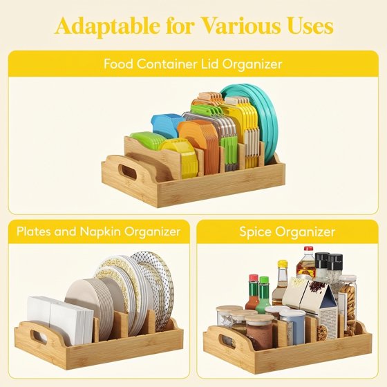 Norcho Bamboo Lid Organizer for Cabinet, Adjustable Food Storage Container Lid Holder with 5 Inserts and 6 Compartments, 13.2" x 10" for Kitchen Pantry Organization