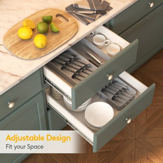 Norcho Expandable Silverware Drawer Organizer, Adjustable Utensil Tray for Kitchen Flatware Cutlery Storage, Gray Plastic