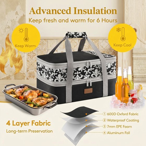 Norcho Insulated Double Decker Casserole Carrier, Expandable Lasagna Tote Bag for Hot or Cold Food, Fits 9" x 13" Baking Dish, Black-Flowers