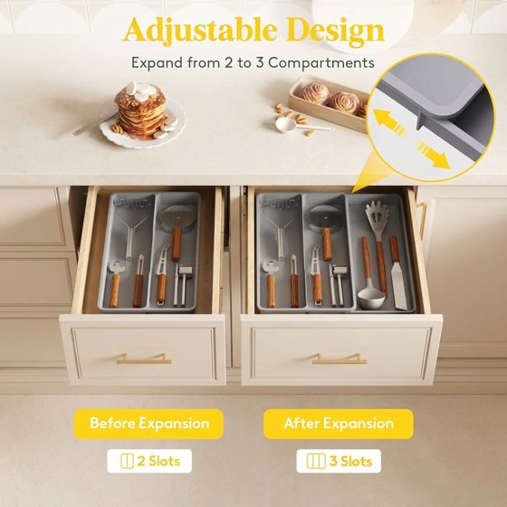 Norcho Utensil Organizer for Kitchen Drawer, Expandable Cooking Silverware Tray, Adjustable Plastic Cutlery and Flatware Holder, Spatula and Tool Storage Divider, 14.4 × 15.8 Inches, Gray