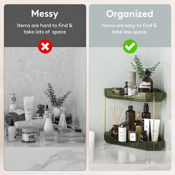 Norcho 2-Tier Corner Bathroom Counter Organizer, Plastic Makeup & Skincare Storage Shelf, Large Countertop Cosmetic & Perfume Organizer for Bathroom, Bedroom, Kitchen & Vanity, Green