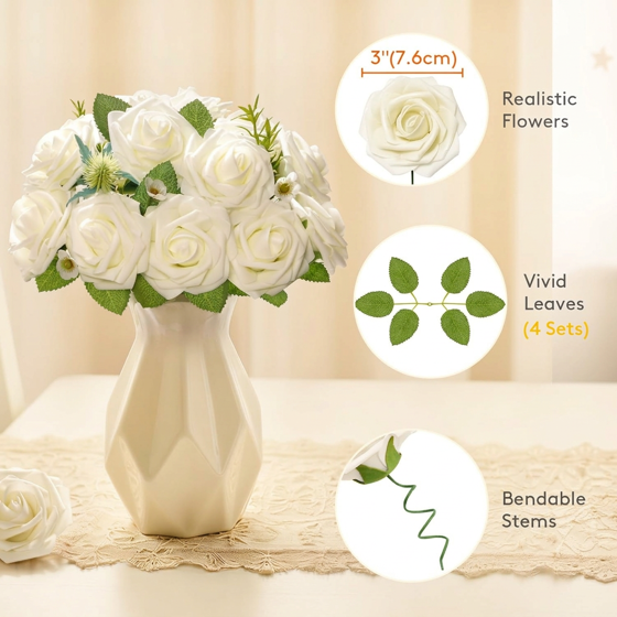 Norcho 25 Pcs Ivory Foam Roses Artificial Flowers Stems, Real Looking Fake for DIY Wedding Bouquets Centerpieces Valentine Decor