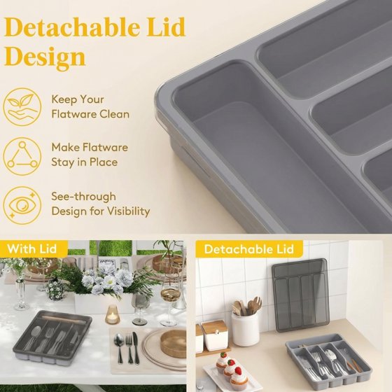 Norcho Silverware Organizer with Lid, Covered Utensil Tray for Kitchen Drawer and Countertop, Plastic Cutlery and Flatware Holder, Gray