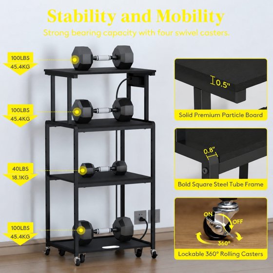 Norcho 4 Tier Printer Stand with 3 Power Outlets, Wheels & Adjustable Storage Shelf, Rolling Printer Cart for Home Office, Shredder, Scanner & Fax Machine, Holds up to 340 lbs, Black