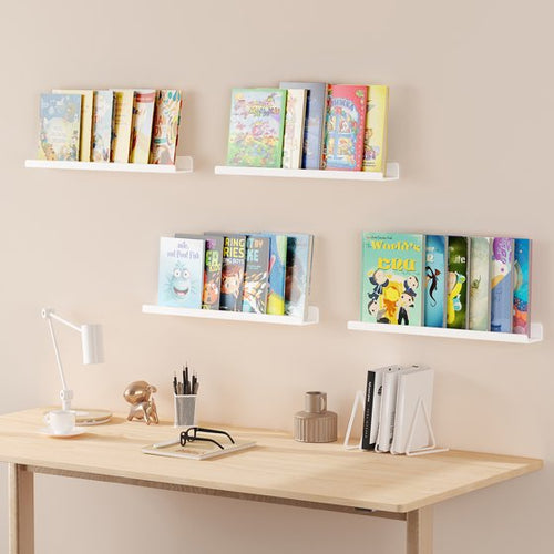 Floating Nursery Book Shelves for Wall Set of 4, 24 Inch White Long Kids Bookshelf, Kids Room Bedroom Study Storage Display Organizer Decor, Mother’s Day Gift Idea
