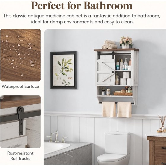 Norcho Farmhouse Bathroom Wall Cabinet with Sliding Barn Door, Medicine Cabinet with Adjustable Shelf and Towel Hook, Wall Mounted Storage Cabinet for Bathroom, Kitchen, Laundry Room