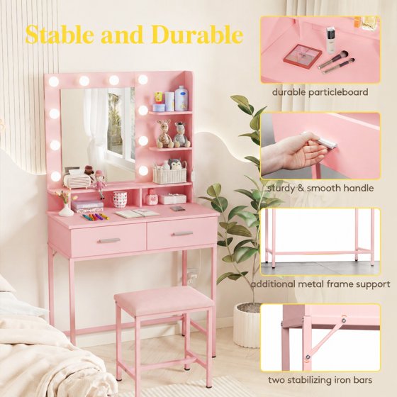 Norcho Vanity Desk Set with Mirror and Lights, Makeup Dressing Table with 2 Drawers & Chair, 3 Lighting Modes Adjustable Brightness, Wooden Top & Iron Frame for Bedroom, Pink