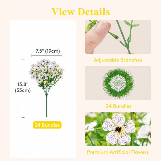 Norcho Outdoor Artificial Flowers, 24 Bundles Plastic Fake Daisy, Faux Plants for Spring/Summer Porch, Window Box, Vase, White