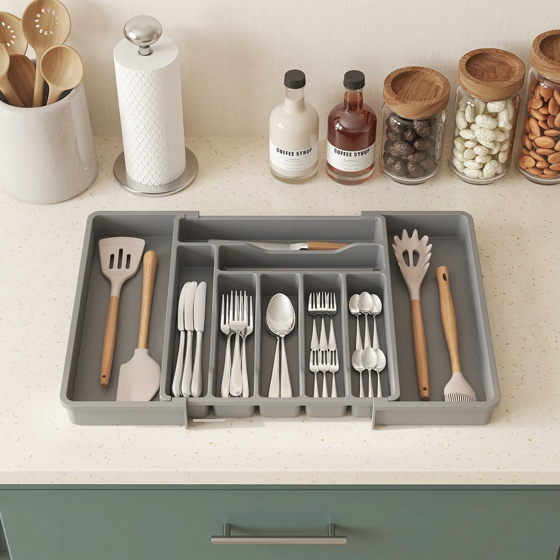 Norcho Expandable Utensil Organizer Drawer, Adjustable Cooking Silverware Tray, Plastic Spatula Tools Divider 13-22.4"x15" Gray