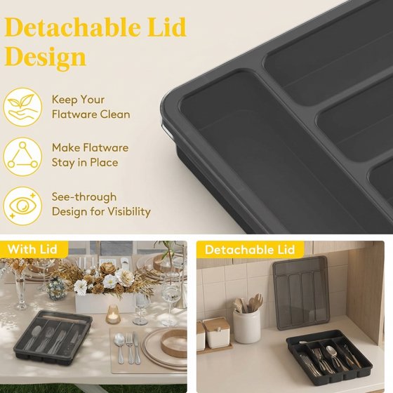 Norcho Silverware Organizer with Lid, Covered Utensil Tray for Kitchen Drawer and Countertop, Plastic Cutlery and Flatware Holder, Black