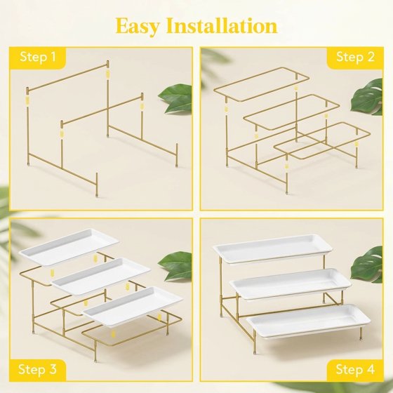 Norcho 3 Tier Serving Tray, White Plastic Tiered Food Serving Platters with Collapsible Gold Metal Stand, 14" x 6.5"