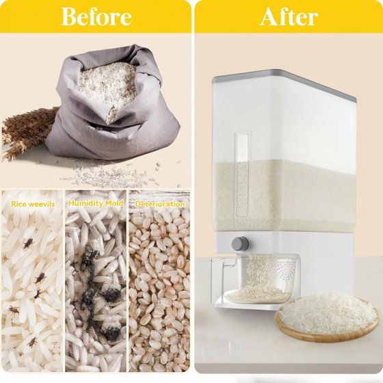 Norcho Rice Dispenser, 25 lb (11.3 kg) Sealed Rice Storage Container with Measuring Cup, Moisture Proof, Kitchen Pantry, Clear