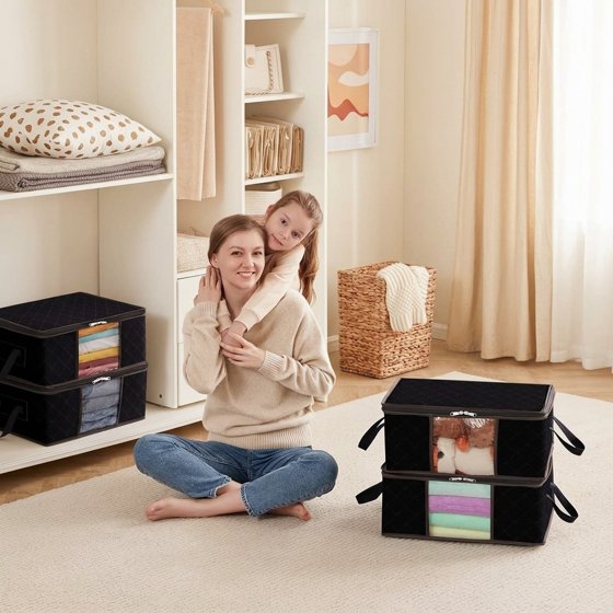 Norcho 6 Pack Clothes Storage Bag Foldable Bin with Reinforced Handle, Clear Window, Sturdy Fabric for Clothing Bedding, Black