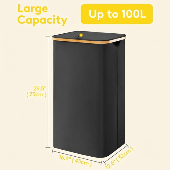 Norcho 100L Laundry Basket with Lid, Large Foldable Laundry Hamper with Bamboo Handles and Removable Bag, Black