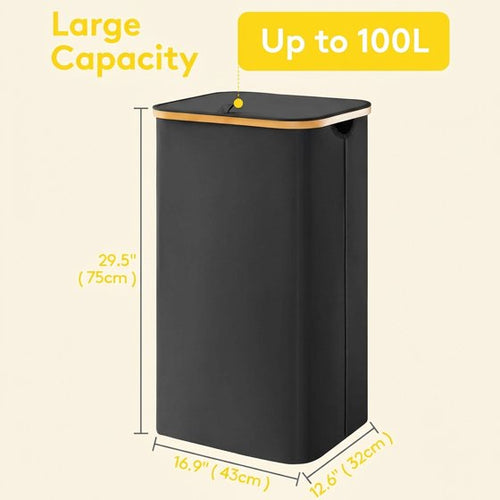 Norcho 100L Laundry Basket with Lid, Large Foldable Laundry Hamper with Bamboo Handles and Removable Bag, Black