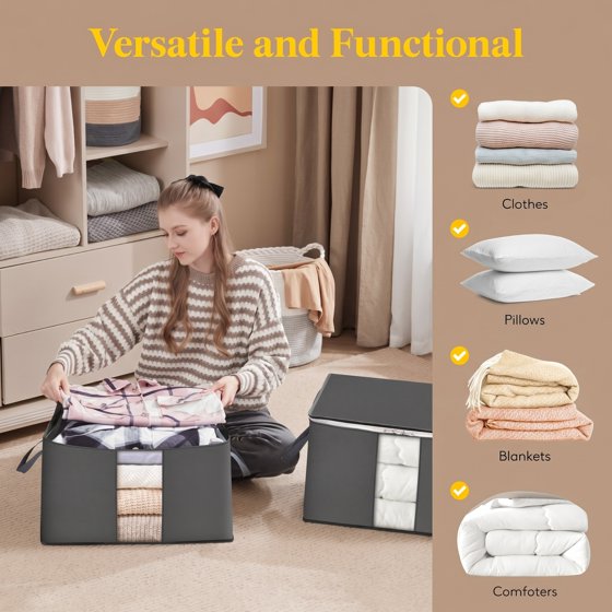 Norcho 5 Pack Collapsible Clothes Storage Bags with Lids Zips Clear Window, Gray 21.9x14x12.6"