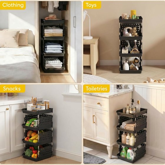 Norcho 4-Tier Plastic Stackable Storage Baskets, Stacking Bins for Food, Clothes, and Household Organization, Black