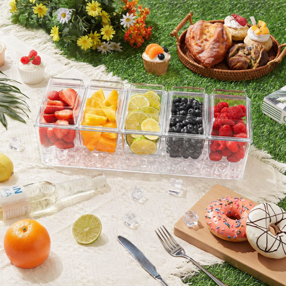 Norcho 2-Pack Ice Chilled Condiment Caddy 5 Containers, Condiment Server with Lid, Serving Tray Platter with Removable Dishes for Bar, Fruit, Salad, Taco Party & Garnishes