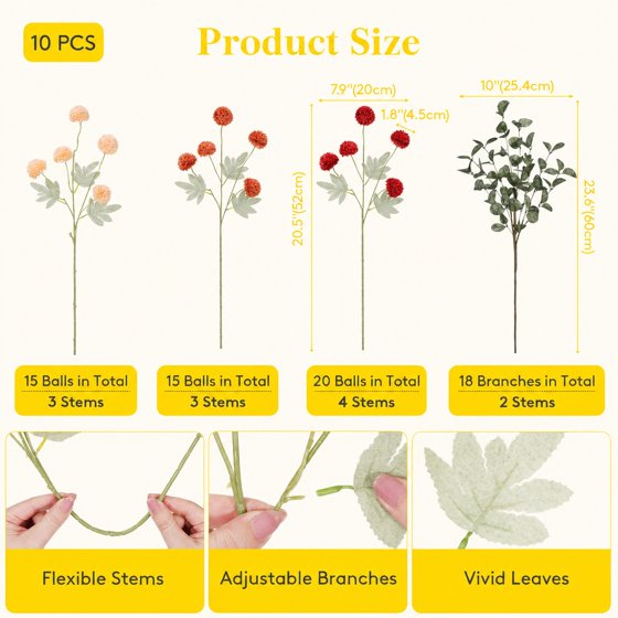 Norcho Mixed Orange Artificial Flower for Vase, 10 Pcs Faux Silk Mum Balls + 2 Eucalyptus Stems, Fake Small Kiku for Floral Arrangement, Pom Pom Centerpiece