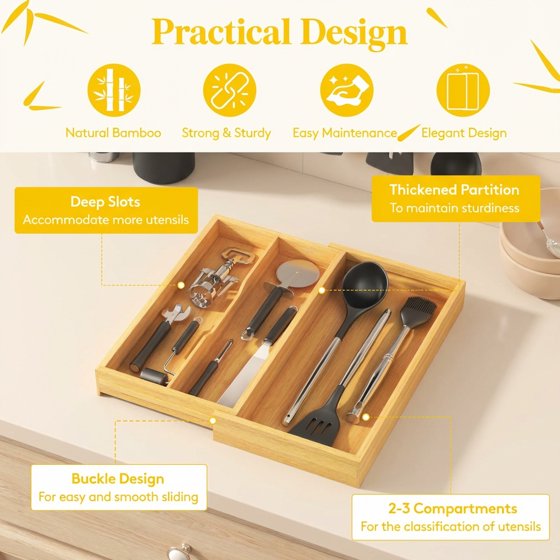 Norcho Expandable Bamboo Utensil Organizer Tray, Adjustable Cutlery and Flatware Holder for Kitchen Drawer, 8.9–15.8 x 15.75"