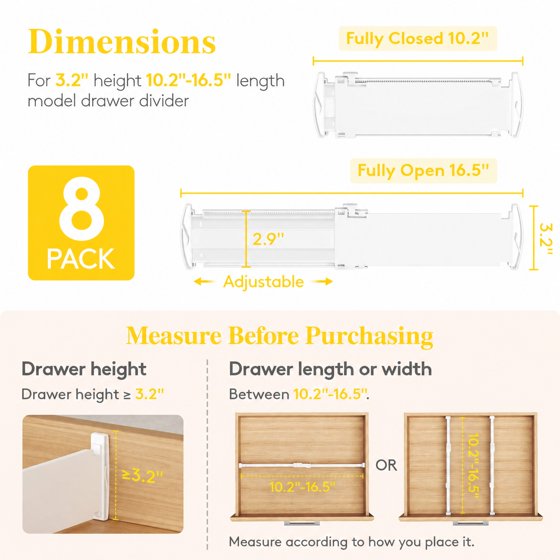 Norcho Drawer Dividers for Clothes 8-Pack, 3.2" Tall Expandable Dresser Drawer Organizers, Adjustable Plastic Separators for Socks, Underwear, Kitchen, Cabinet, Nursery Storage