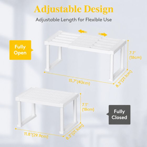 Norcho Cabinet Shelf Organiser, Expandable Countertop Kitchen Shelves, Plastic Shelf Riser for Pantry Kitchen Storage and Spice Rack, Set of 4, 16 x 8 x 7 inch (40 x 21 x 18 cm)