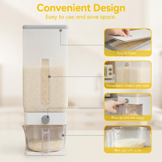 Norcho Rice Dispenser, 25 lb (11.3 kg) Sealed Rice Storage Container with Measuring Cup, Moisture Proof, Kitchen Pantry, Clear