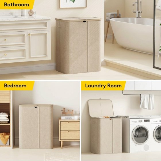Norcho 185L 3-Section Laundry Hamper with Lid, Bamboo Handles Removable Bags Foldable Basket, Beige
