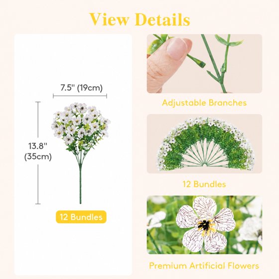 Norcho Outdoor Artificial Flowers, 12 Bundles Plastic Fake Daisy, Faux Plants for Spring/Summer Porch, Window Box, Vase, White