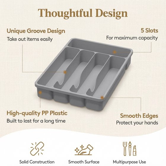 Norcho Silverware Drawer Organizer Tray, Plastic Cutlery and Utensil Holder Divider for Spoons, Forks, Knives and Tableware, 5 Slots, 9.1 x 12.6 Inch, Gray