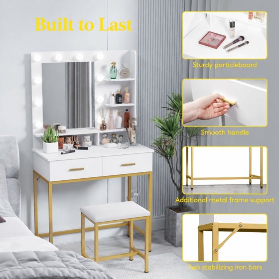 Norcho Vanity with Mirror and Lights, Adjustable Color & Brightness, White Makeup Desk with 2 Drawers and Stool for Bedroom, Bathroom & Makeup Room