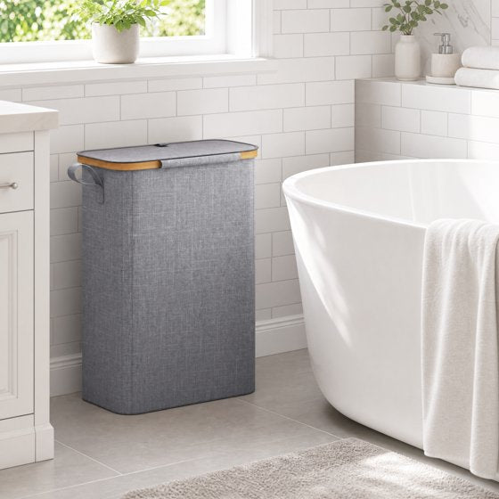 Norcho 50L Slim Laundry Hamper with Lid, Narrow Basket, Removable Bag & Bamboo Handles, Foldable Bin for Bathroom/Bedroom/Dorm, Light Gray