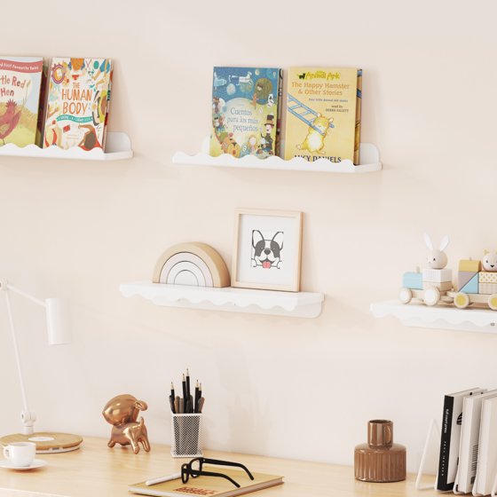 Floating Book Shelves 8 Pack, 15"×3.4" White Cloud Plastic Wall Shelf for Kids Bedroom, Hanging Bookshelf Rack for Baby, Toddler, Children Room Decor, Mother’s Day Gift Idea