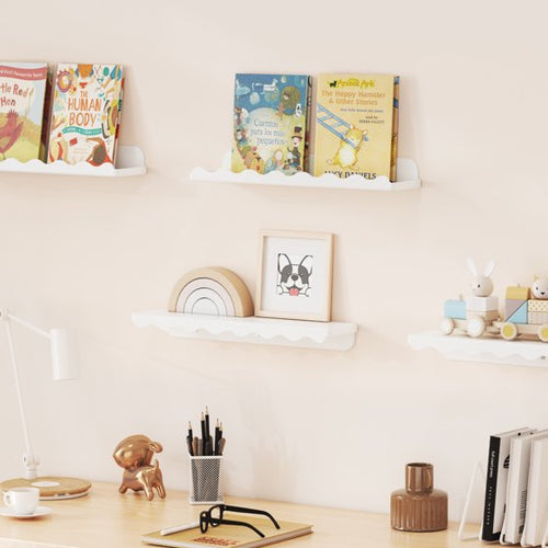 Floating Book Shelves 6 Pack, 15"×3.4" White Cloud Plastic Wall Shelf for Kids Bedroom, Hanging Bookshelf Rack for Baby, Toddler, Children Room Decor, Mother’s Day Gift Idea