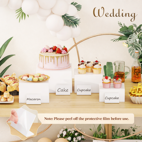 Norcho Plastic Buffet Risers Set of 4, White Food Display Stands for Buffet Table, 7" 7.8" 8.3" 10" Nesting Cube Dessert Cake Holders for Party, Jewelry and Collectibles Display