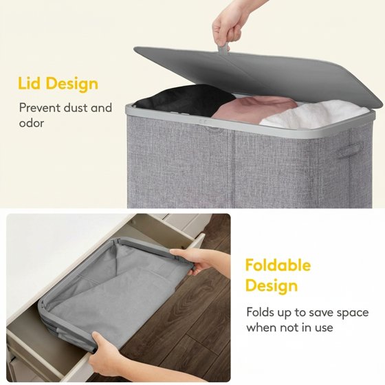 Norcho 185L 3-Section Laundry Hamper with Lid, Bamboo Handles Removable Bags Foldable Basket, Light Gray