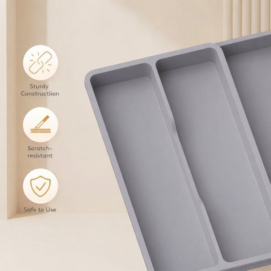 Norcho Utensil Organizer for Kitchen Drawer, Expandable Cooking Silverware Tray, Adjustable Plastic Cutlery and Flatware Holder, Spatula and Tool Storage Divider, 14.4 × 15.8 Inches, Gray