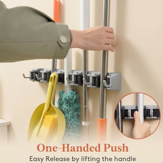 Norcho Wall Mount Mop Broom Holder, Anti-Slip Hanger 5 Slots 6 Hooks Holds 30lbs, Garage Closet Kitchen, Gray 1 Pack