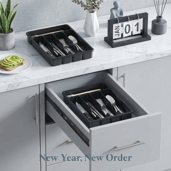 Norcho Silverware Drawer Organizer Tray, Plastic Cutlery and Utensil Holder Divider for Spoons, Forks, Knives and Tableware, 5 Slots, 9.1 x 12.6 Inch, Black