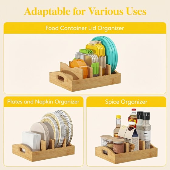 Norcho Bamboo Lid Organizer for Cabinet, Adjustable Food Storage Container Lid Holder with 4 Inserts and 5 Compartments, 10.6" x 8.3" for Kitchen Pantry Organization