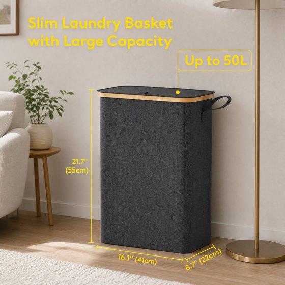Norcho 50L Slim Laundry Hamper with Lid, Narrow Basket, Removable Bag & Bamboo Handles, Foldable Bin for Bathroom/Bedroom/Dorm, Dark Gray