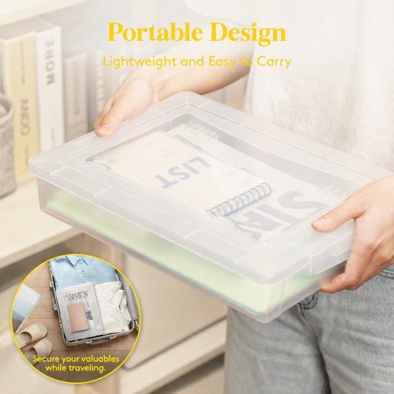Norcho 4 Pack Paper Organizer Storage Boxes, 12 x 9 inch Multi-Purpose Clear Plastic File Box with Latching Lids for A4, 8.5" x 11" Letter Size Documents, Scrapbook, Magazine & Art Supplies