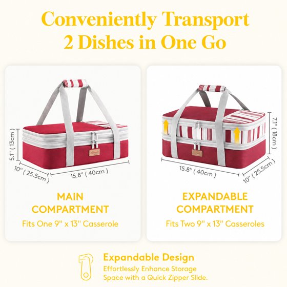 Norcho Insulated Double Decker Casserole Carrier, Expandable Tote for Hot/Cold Food, Fits 9"x13" Dish, Potluck/Picnic, Red