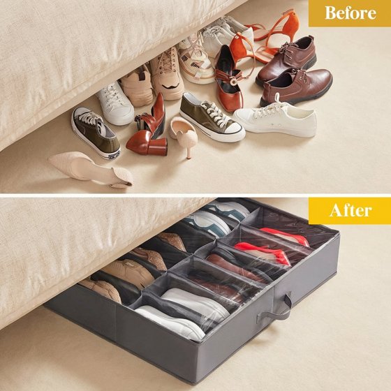Norcho Under Bed Shoe Storage Organizer, Set of 2 Low-Profile Fabric Boxes with Clear Cover and Handles, 4.3" Tall, Fits 24 Pairs of Shoes