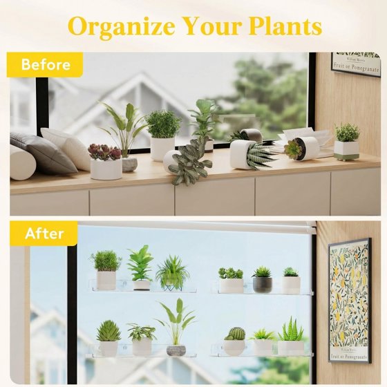 Norcho Window Plant Floating Shelves, 14.6 × 3.6 Inch 2-Pack Acrylic Suction Cup Shelf, Window Sill Extender for Indoor Succulents, Microgreens, Seed Starter Pots, and Herb Planters
