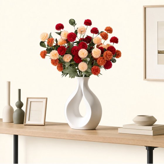 Norcho Mixed Orange Artificial Flower for Vase, 10 Pcs Faux Silk Mum Balls + 2 Eucalyptus Stems, Fake Small Kiku for Floral Arrangement, Pom Pom Centerpiece